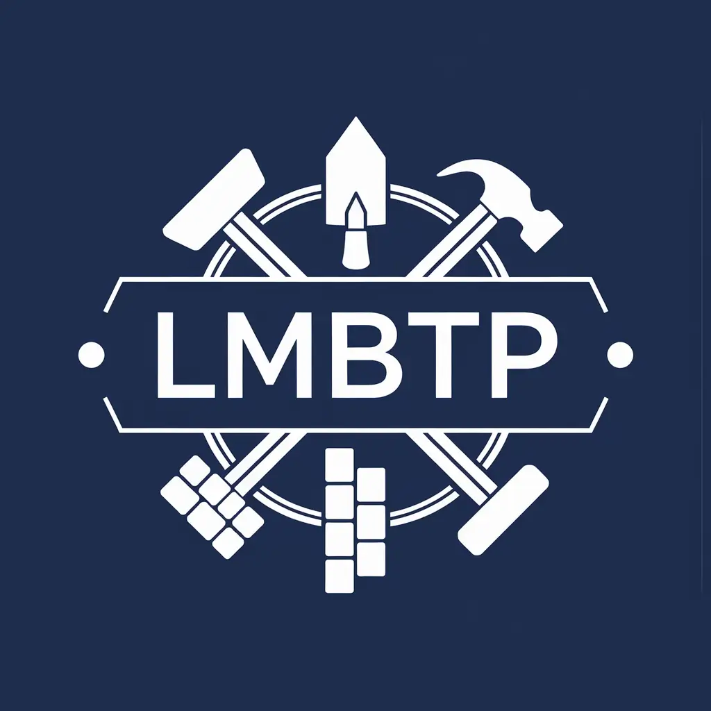 Logo de l'entreprise sur fond bleu avec des outils en blanc